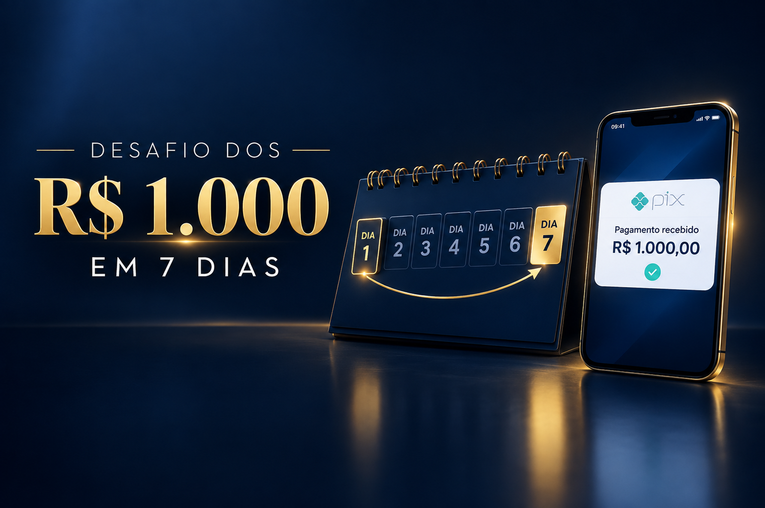 Desafio dos R$ 1.000 em 7 dias: calendário e notificação de Pix recebido